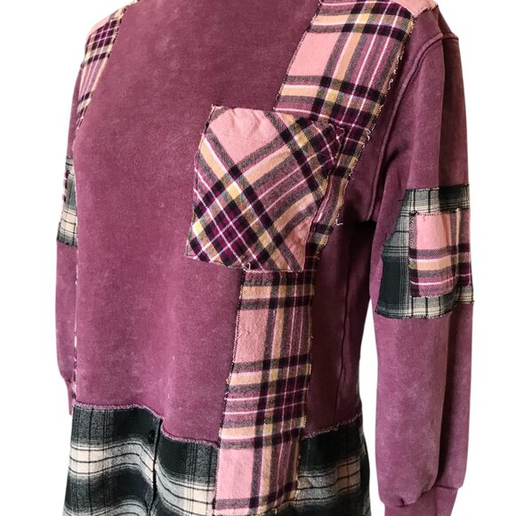 Upcycled Patchwork Hoodie, S-M: Distressed Magenta Grunge Sweater, Campus Style - Picture 8 of 16